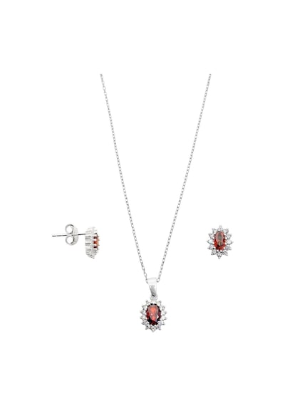 Oya Silver Mini Beyaz Işıltı Çevrili Lal Taşlı Oval Kadın Kolye Küpe Gümüş Set