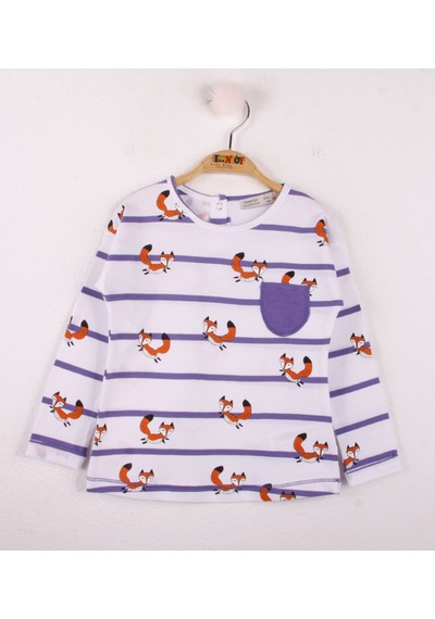 Toontoy Kids Toontoy Kız Bebek T-shirt Çizgili Cepli Tilki Baskı Mor