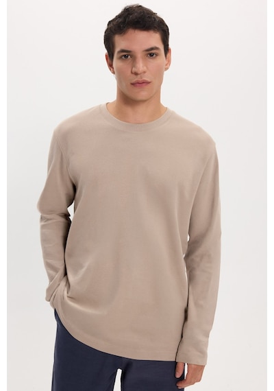 Tudors Unisex Relax Fit Rahat Kesim %100 Pamuk Uzun Kollu Bisiklet Yaka Haki Tişört-51287