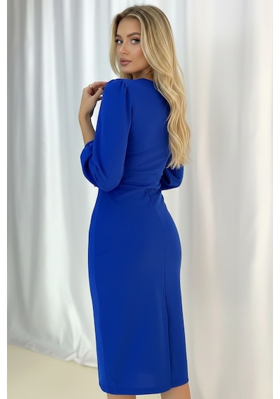 Defymoda Kadın Klasik Kesim Manşetli Elbise Mavi
