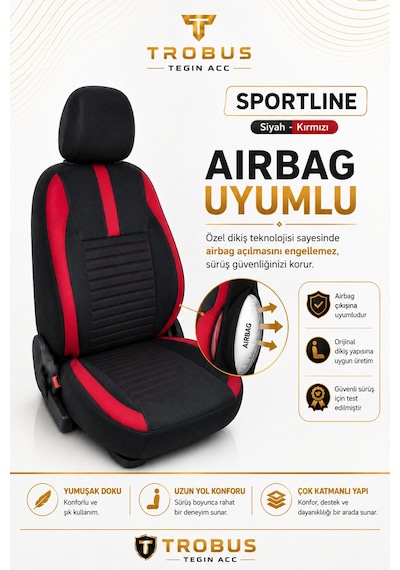 Honda Civic Fe Kasa 2021 Ve Sonrası Uyumlu Sportline Serisi Siyah Kırmızı Oto Koltuk Kılıfı