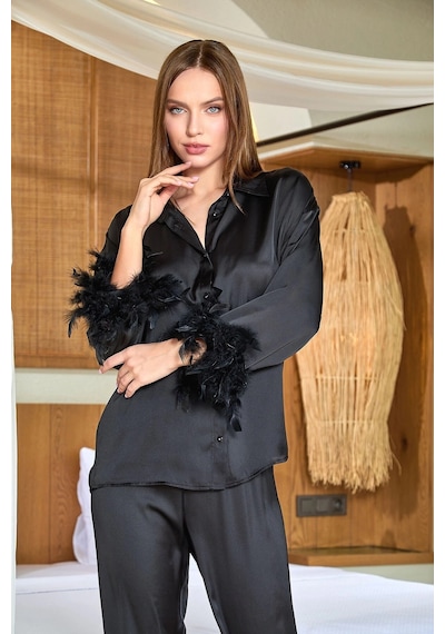 Ang Butik Kadın Aqua 25583 Gömlek Yaka Otrişli Saten Pijama Takımı Siyah