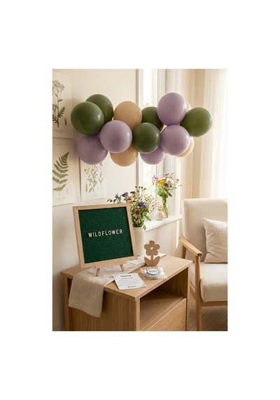 Kır Çiçeği Temalı Doğum Günü Süsleme Mini Set Koyu Yeşil Keçe Yazı Panosu Standlı Balon Zincirli Cottagecore Konsepti Çocuk