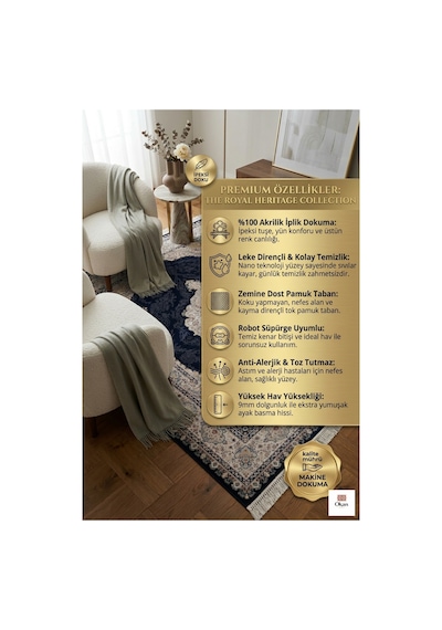 Royal Heritage Exclusive: Sanat Eseri Dokusunda Lacivert Madalyon Salon Halısı