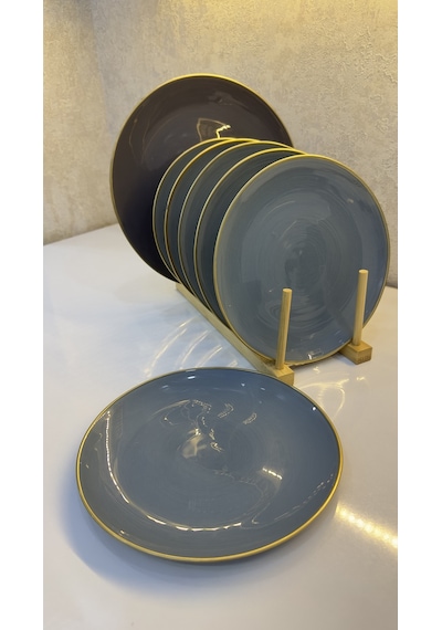 Gold Kenarlı Gri Seramik Pasta Tabağı 7 Lı Set Modern Sofra Sunum Tabakları 21 Cm Çok Renkli
