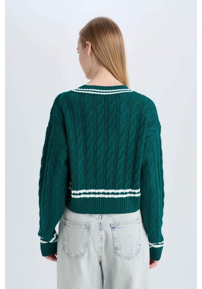 DeFacto 	Coool Regular Fit V Yaka Saç Örgülü Çizgili Triko Kazak C7321AX24WNGN953