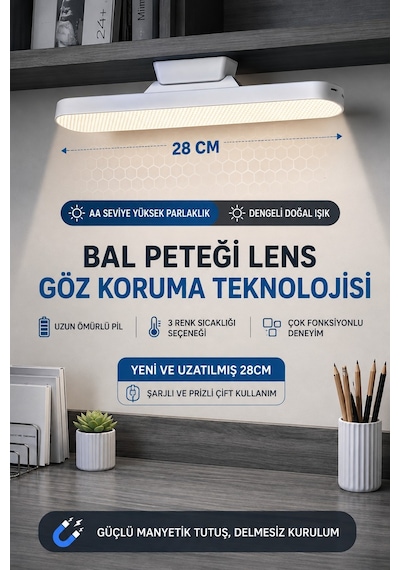 3 Modlu Şarjlı Manyetik Tezgah Altı Lamba Aplik Parlaklık Işık Rengi Ayarlanabilir 28 Cm 1613 Beyaz