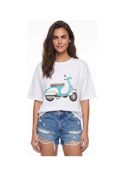 Onloox Kadın Beyaz Beyaz Pamuklu Bisiklet Yaka Kısa Kollu Regular Kesim Scooter Baskılı T-shirt Onloox Kadın Beyaz Beyaz Pamuklu Bisiklet Yaka Kısa Kollu Regular Kesim Scooter Baskılı T-shirt