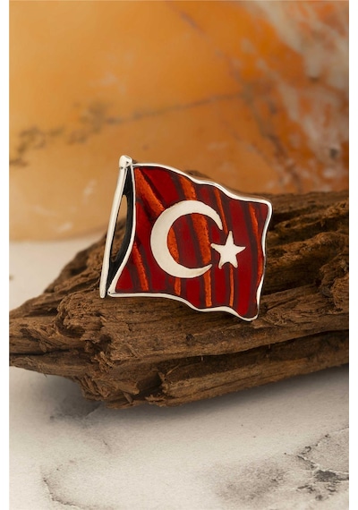Büyük Boy Mineli Türk Bayrağı Gümüş Rozet -8473 Gümüş