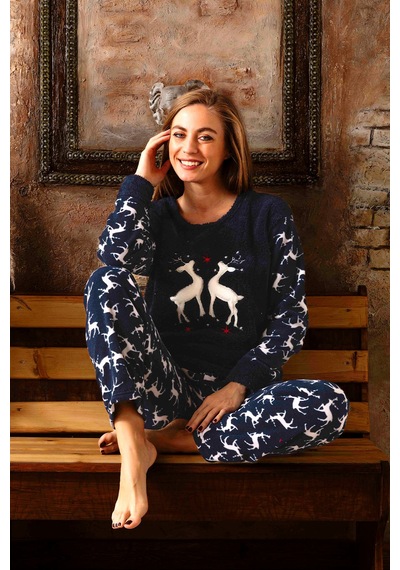 Nisanca Kışlık Kadın Polar Pijama Takımı - Yılbaşı Pijaması Lacivert