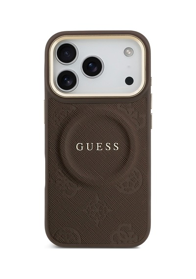 Apple Uyumlu iPhone 17 Pro Kılıf Guess Lisanslı M-safeli Sıcak Baskı Yazı Logolu Pu Deri Peony Kahverengi Kahverengi