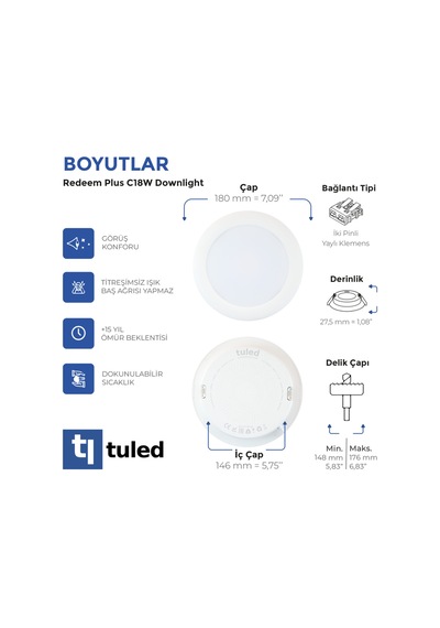 Redeem Plus C18W Downlight, Titreşimsiz, Göz Konforu, 1767 Lümen, Ilık Beyaz, 3000 Kelvin Beyaz