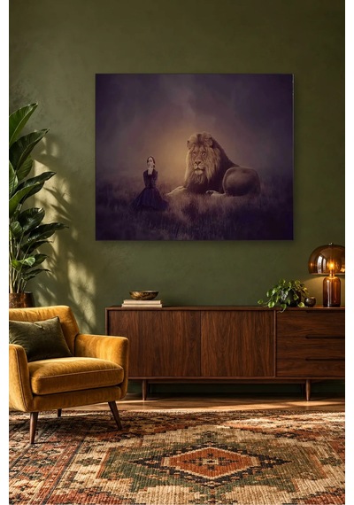 Fida Karanlık Çayırda Aslan Ve Genç Kız Canvas Tablo Çok Renkli