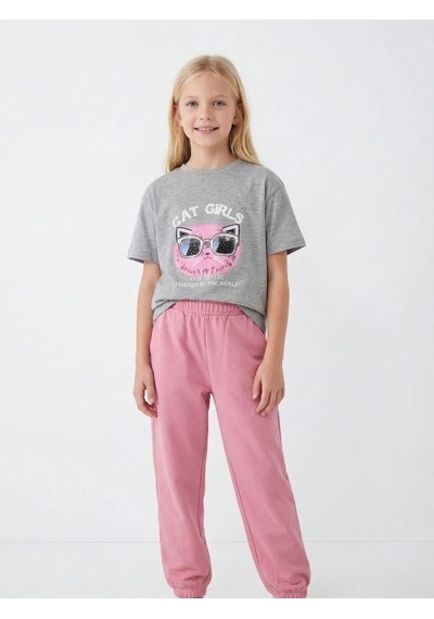 Zekids Kız Çocuk Cat Girls Baskılı T-shirt-17186 Gri