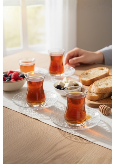 6'lı Çay Bardağı Altlığı Tabak Seti - Mika Kristal Çay Tabağı Şeffaf