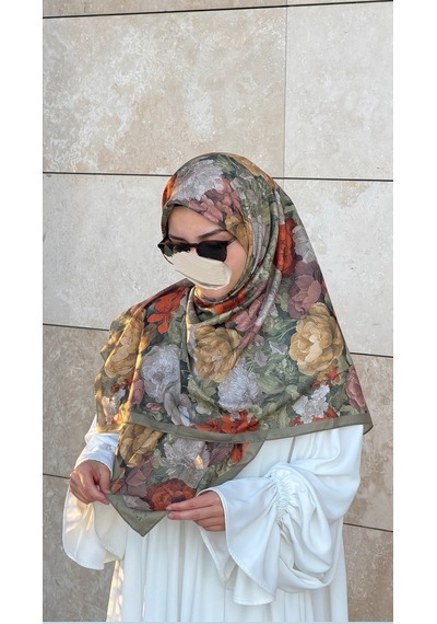 Qalortex Scarf Pamuklu Gonca Desen Eşarp - Haki