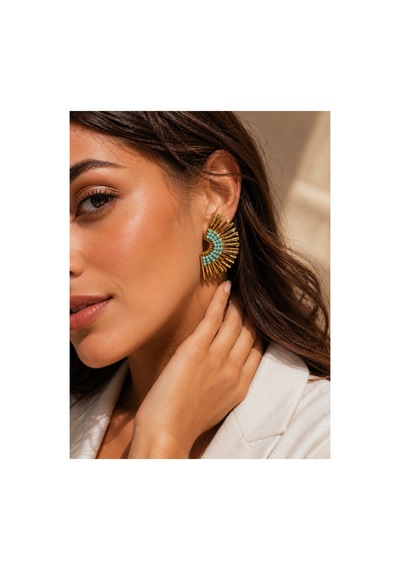 Bemine Mavi Boncuk İşlemeli Gold Renk Zarif Işıltılı Vintage Stil Özel Tasarım Şık Premium Suya Dayanıklı Altın Küpe Seti