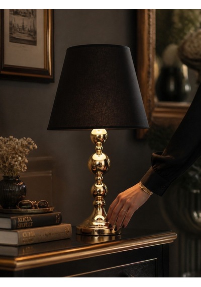 Siyah Kumaş Başlıklı Metal Toplu Gold Ayaklı Modern Abajur 60x25cm