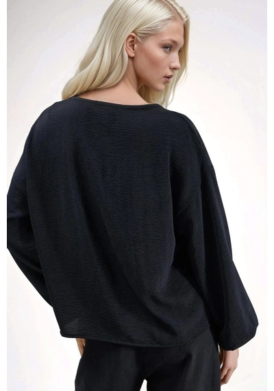 Hiccup Oversize V Yaka Bağlamalı Bluz Siyah
