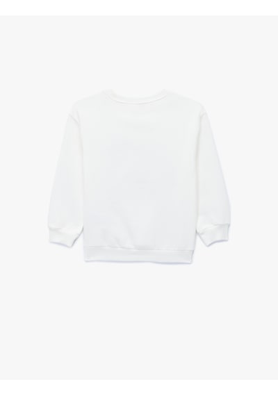 Koton Pamuklu Uzun Kollu Bisiklet Yaka Baskılı Şardonlu Sweatshirt Ekru 6wmb10270tk