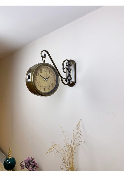 Eskitme Metal Retro İstasyon Saati 36 X 25 Cm Çift Taraflı Şık Dekoratif Saat