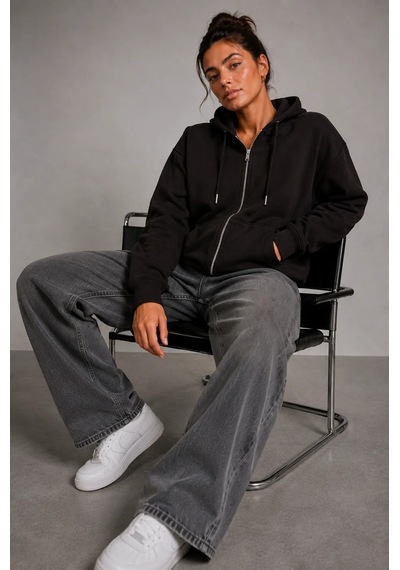 Bb Butik Basic Kadın Oversize Fermuarlı Kapüşonlu Sweatshirt Üç İplik Sweatshirt Hırka My3535 siyah