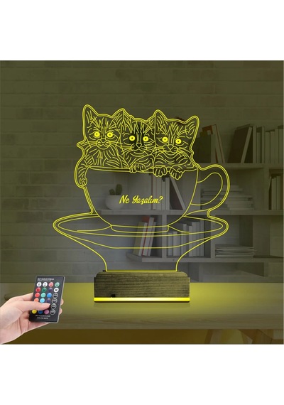 Luvivia Kedi Fincan Tasarım Kişiye Özel 3d Lamba - Masa Gece Lambası Şeffaf