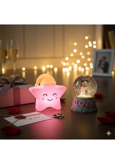 2 Li Sevgiliye Romantik Hediye Seti Slikon Yıldız Renkli Led Gece Lambası Ve 9cm Love Kar Küresi Set Set