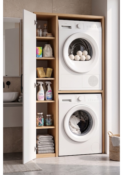 Naome Beyaz Meşe Çift Katlı Çamaşır Makinesi Dolabı Çok Amaçlı Banyo Dolabı Raflı Meşe Çift Naome Naome Beyaz Meşe Çift Katlı Çamaşır Makinesi Dolabı Çok Amaçlı Banyo Dolabı Raflı Meşe Çift Naome