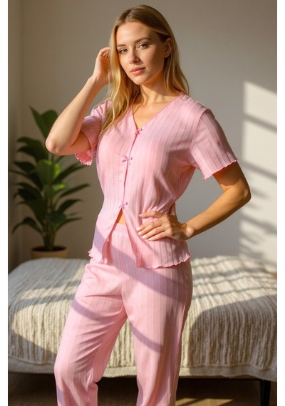 Bella Notte Mevsimlik V Yaka Pamuklu Fiyonk Detaylı Pijama Takımı Pembe