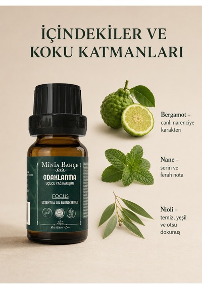 Minia Bahçe Odaklanma Focus Uçucu Yağ Karışımı Bergamot Nane ve Nioli Yağları 10 ML