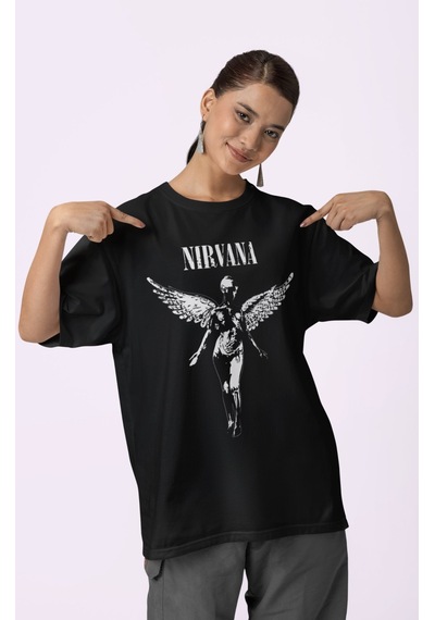 Sevbano Tasarım Nirvana Rock Metal Baskılı Unisex Oversize Müzik Grubu Ti Siyah