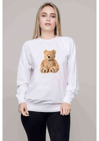 Peluş Ayı Bear Baskılı Beyaz Kadın Sweatshirt