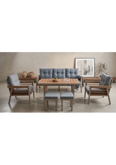 Olivia Metal Bahçe Balkon Teras Koltuk Takımı 3+1+1+ Masa +2 Adet Puf Gri