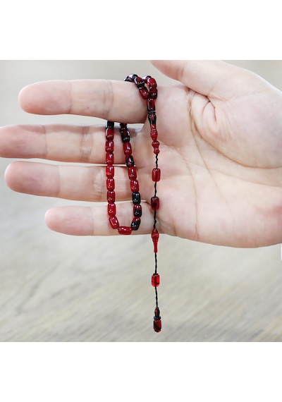 Tesbihname Ateş Kehribar Tesbih - Mini Boy - Sistemli - Kırmızı Siyah - Kapsül Kesim Çok Renkli