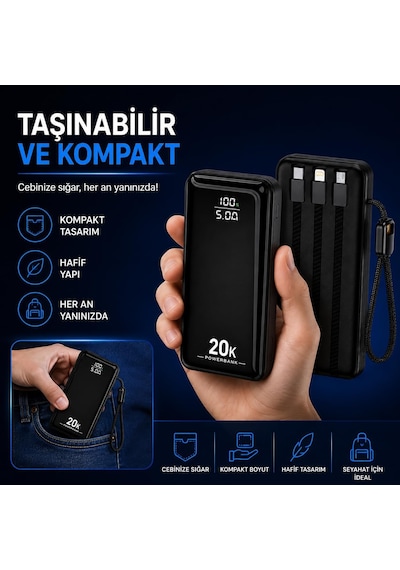 Hp-ap09 Armor Series 20.000 Mah Dahili Kablolu Qualcomm Quick Charge 3.0 Dijital Ekranlı Hızlı Şarj Powerbank - Siyah
