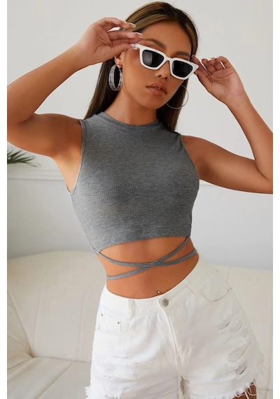 Angbutik Kadın Gri Çapraz Bağlamalı Crop Top Büstiyer