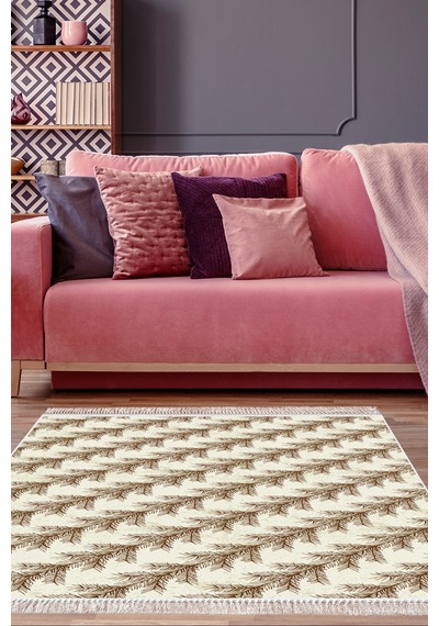 Alanur Home Kaymaz Dijital Mutfak & Salon Halı Star Pamuk Saçaklı Vintage Al5010 Bej