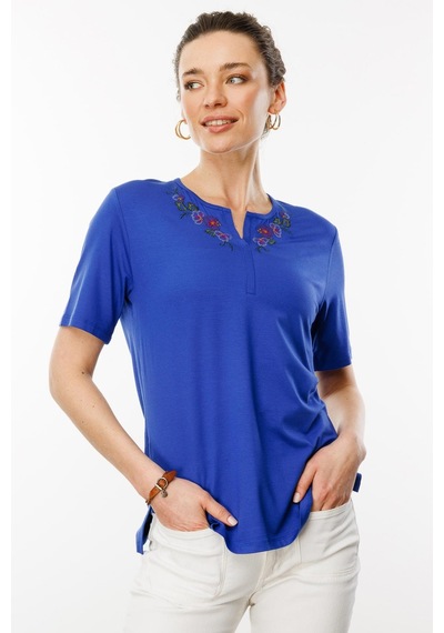 Kadın Açma Yaka Nakış İşlemeli Penye T-shirt Saks Saks