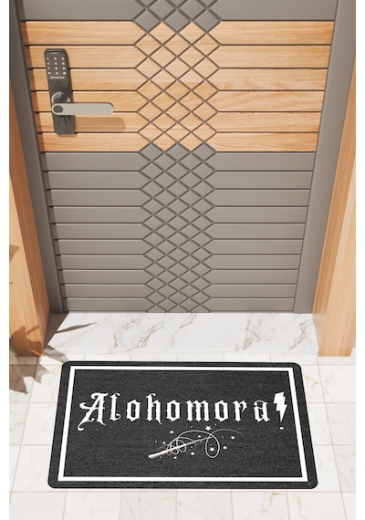 Rugmood Modern Dijtal Baskı Siyah Alohomora Kapı Önü Paspası