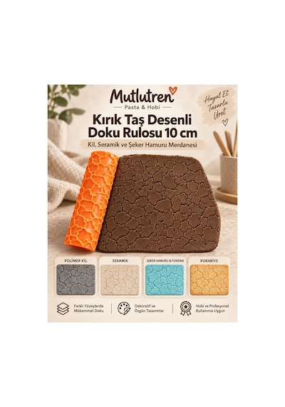 Kırık Taş Desenli Doku Rulosu 10 Cm Kil, Seramik Ve Şeker Hamuru Merdanesi Çok Renkli