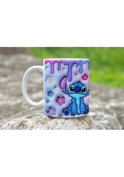 Stitch Pastel Mor Mavi Tasarımlı Kupa Bardak - Lilo And Stitch Hayranlarına Özel Hediye Beyaz