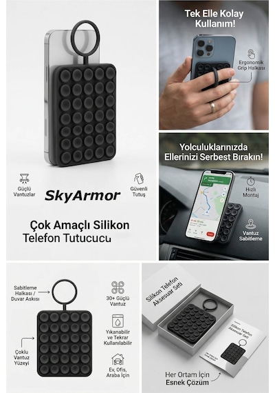 Vantuzlu Telefon Tutucu Silikon Yapışkanlı Sabitleyici, Selfie Ve Video İçin Duvar Askısı Sky163 Siyah