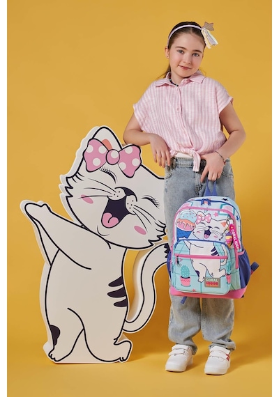 Coral High Dört Bölmeli Turkuaz Pembe Dondurmalı Kedi Desenli İlkokul Sırt Çantası - Kız Çocuk
