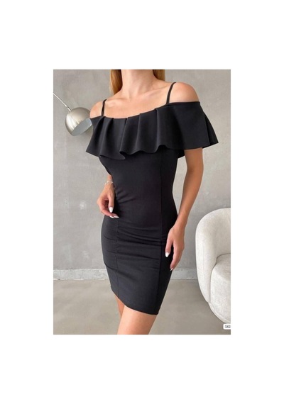Lior Design Kadın Sade Madonna Yaka Volanlı Abiye Elbise Siyah