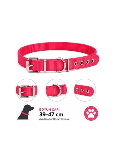 Köpek Boyun Tasması 39-47 Cm Dokuma Naylon Metal Tokalı D Halkalı Ayarlanabilir - Kırmızı Çok Renkli