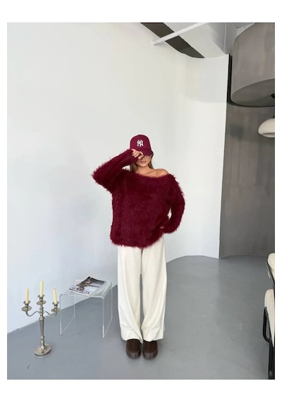 Kechi Woman Tüylü Triko Kazak Bordo