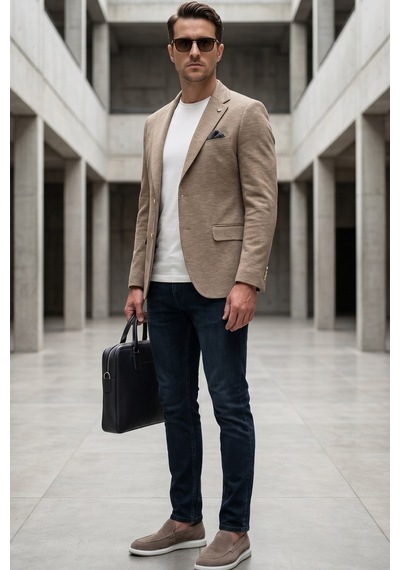 İmza Bej Mono Yaka Örme 6 Drop Slim Fit Ceket 1002260152