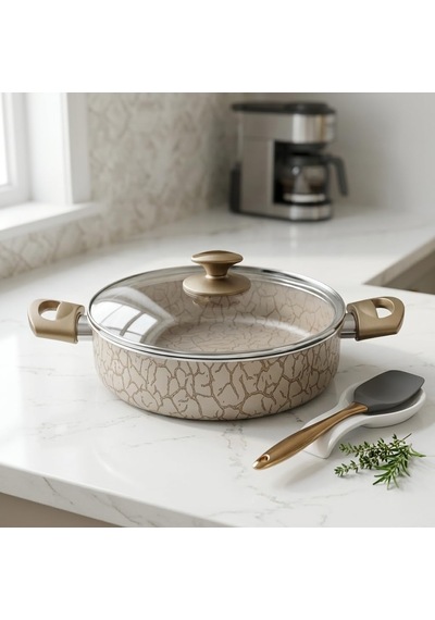 Papilla 24 Cm Karnıyarık Tenceresi - İç Ve Dış Karemel Ve Gümüş Renk Magma Desenli Cam Kapaklı Sığ Tencere