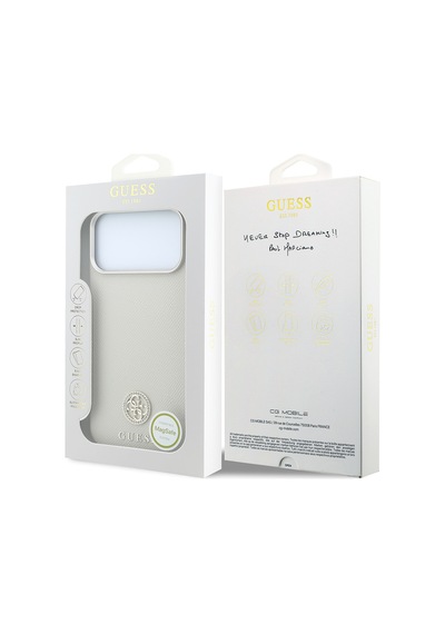 Apple iPhone Uyumlu 18 Pro Max Kılıf Guess Lisanslı M-safe Özellikli Pu Taşlı Metal 4g Ve Yazı Logolu Kapak Bej